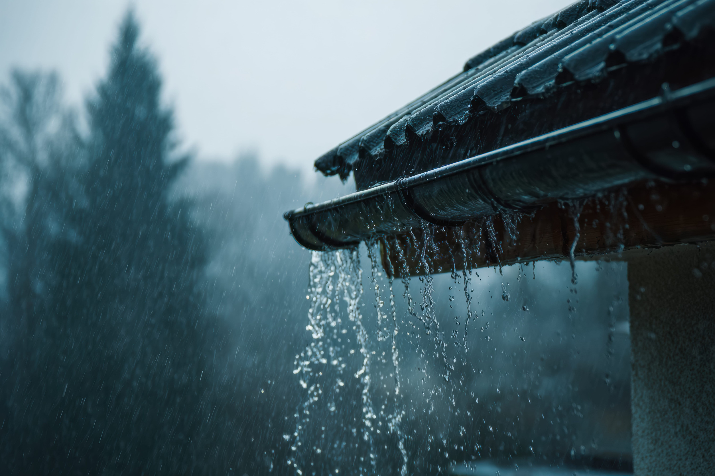 Rain pouring off roof in Lafayette, Indiana